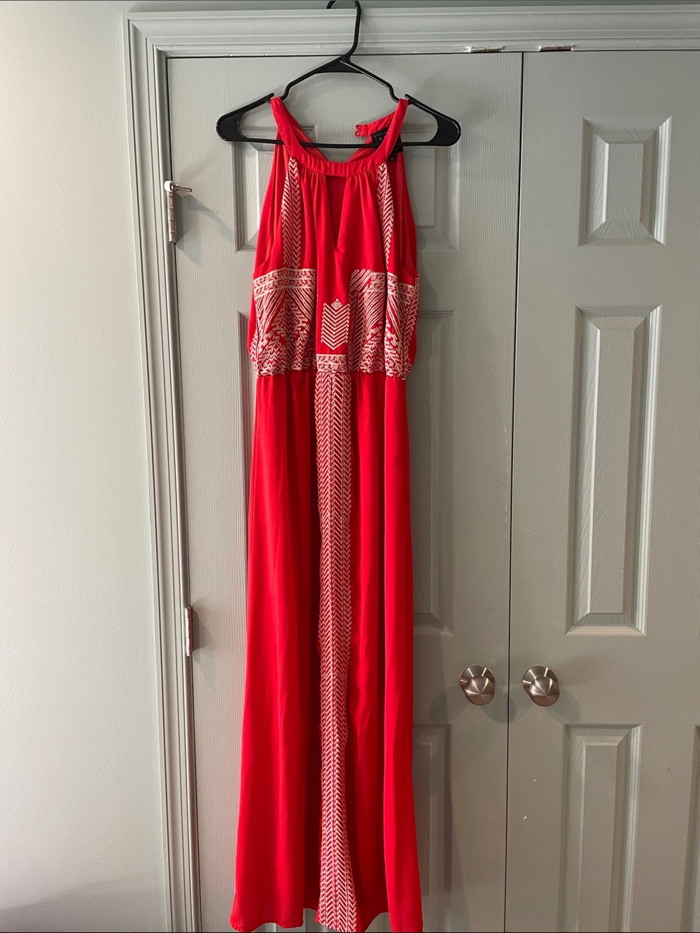 Red Maxi Dress with White Chevron Trim